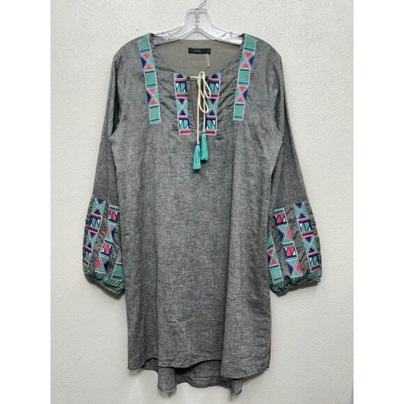 THML Dress large Grey Embroidered Aztec Boho Long Sleeve Tribal Western - Picture 1 of 7